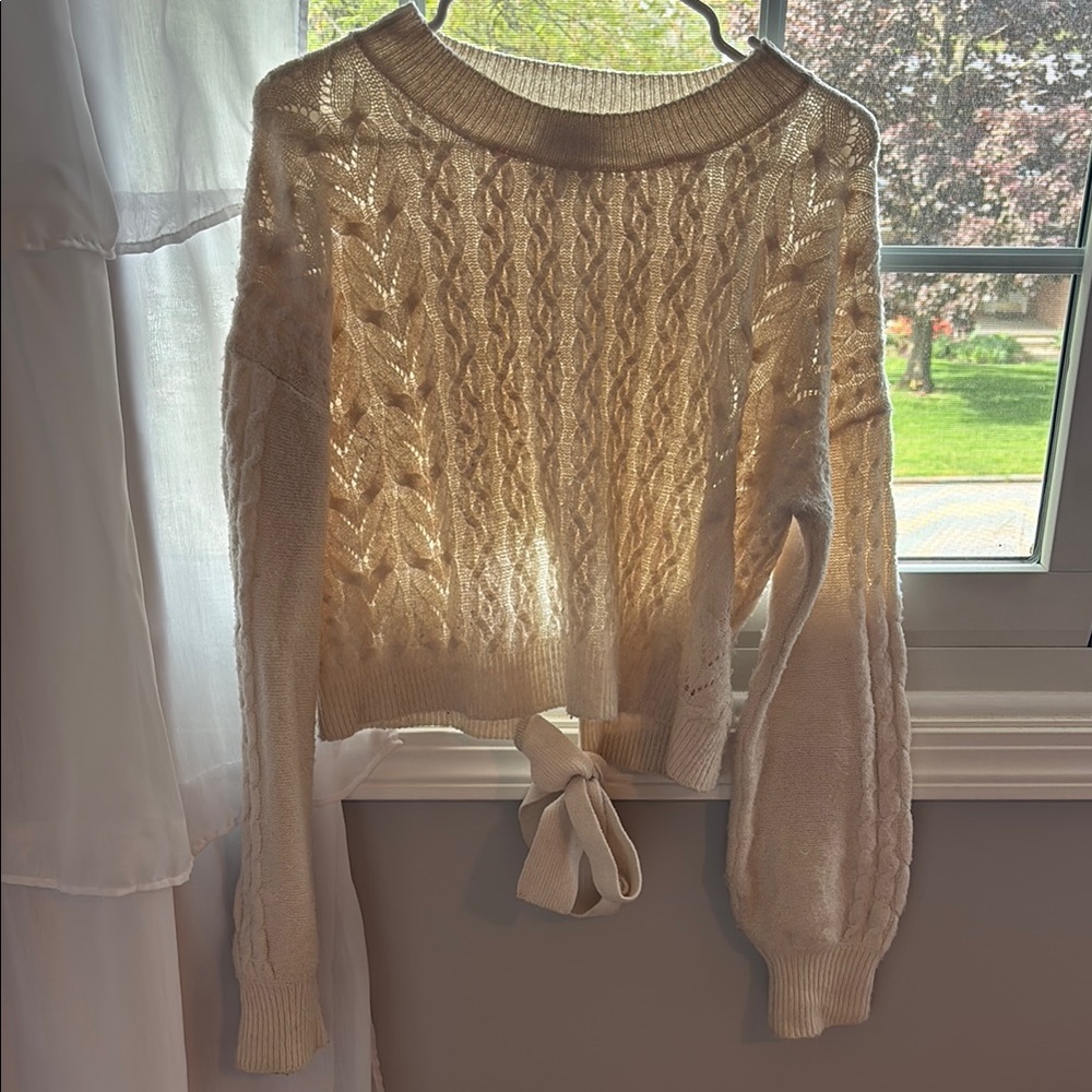 Pink Rose Cream Cable Knit Crew Neck Sweater